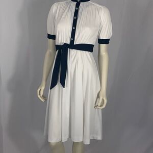 Vintage White Navy Half Button Short Sleeve Dress with Tie Waist Belt Size Mediu